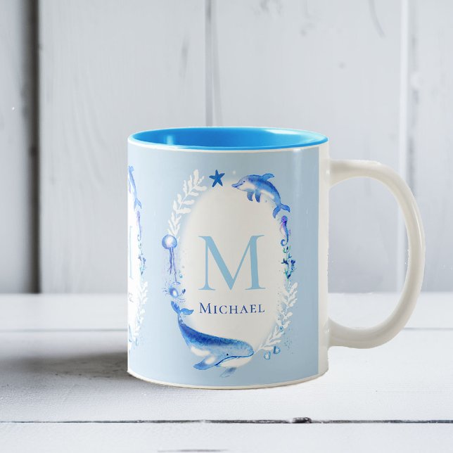 Under Sea Animals Nautical Beach Gift Personalized Two-Tone Coffee Mug (beach house mug personalized monogram sea animals whale dolphin blue nautical ocean grandchild baby )