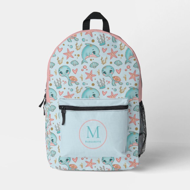 Under sea cute Dolphins and Turtles customized  Printed Backpack (Front)