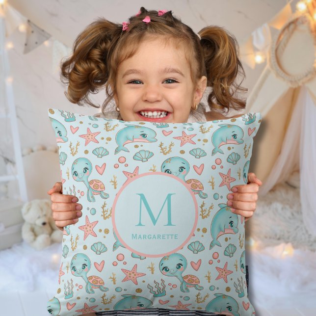 Under sea cute Dolphins and Turtles customized  Throw Pillow (Creator Uploaded)