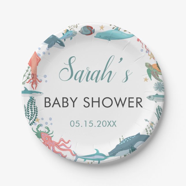 Under Sea Cute Ocean Animals Baby Shower RSVP Paper Plate (Front)