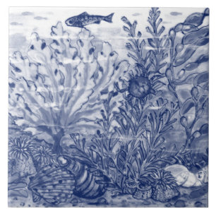 Under Sea Dark Blue Ocean Scene Crab Mural Pc.#2 C Tile