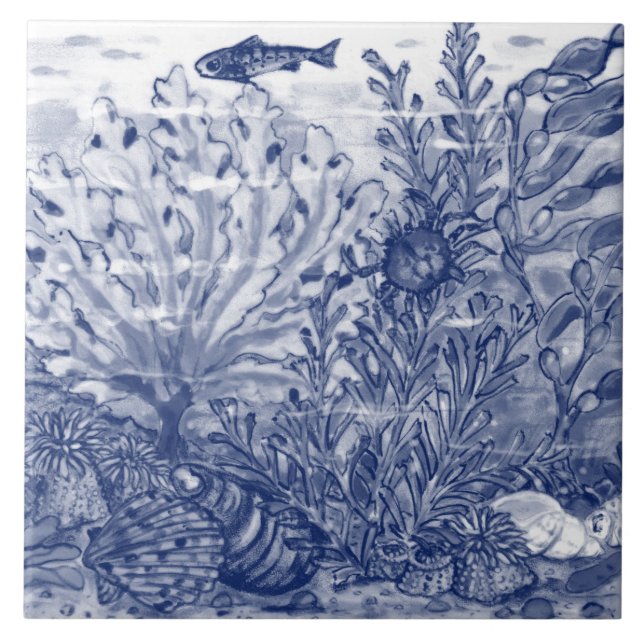 Under Sea Dark Blue Ocean Scene Crab Mural Pc.#2 C Tile (Front)