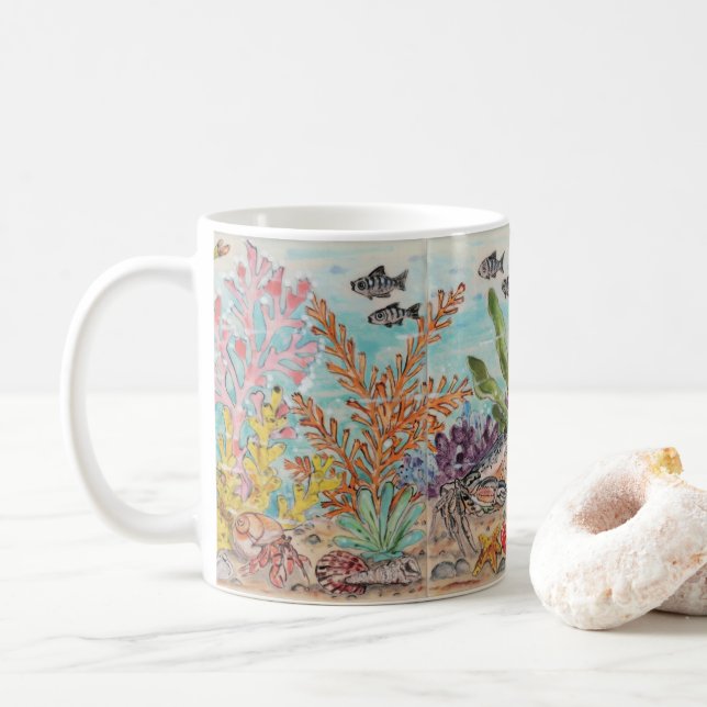 Under Sea Marine Life Crab Coral Fish Shells Art Coffee Mug (With Donut)
