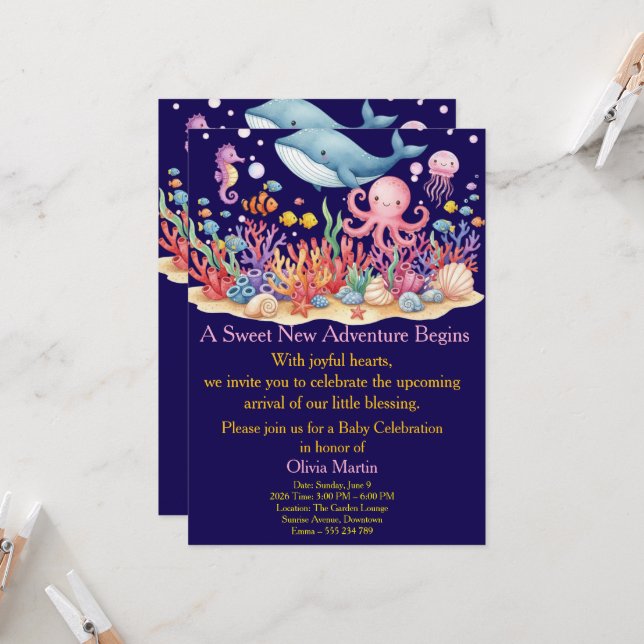 Under Sea Whale Baby Shower Custom Invitation (Front/Back In Situ)