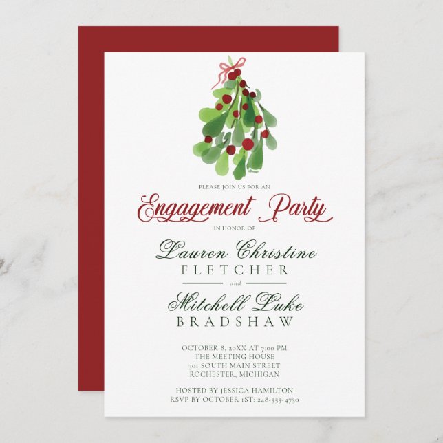 Under the Christmas Mistletoe Engagement Invitation (Front/Back)