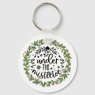 Under the Mistletoe Watercolor Wreath Keychain