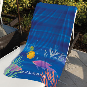 Under The Ocean Colourful Watercolor Fish & Coral Beach Towel
