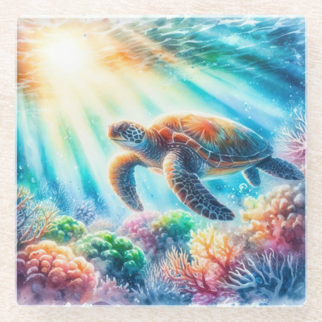 Under the ocean sea turtle glass coaster (Front)
