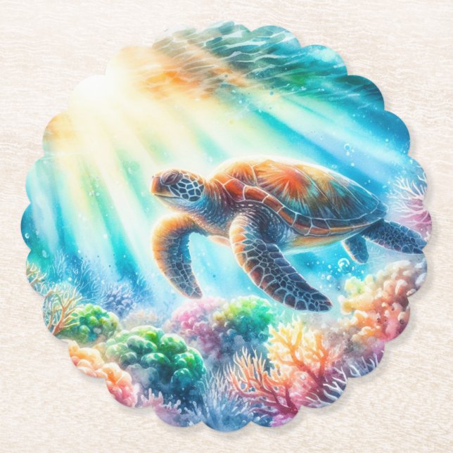 Under the ocean sea turtle paper coaster (Front)