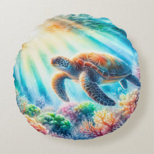 Under the ocean sea turtle round pillow
