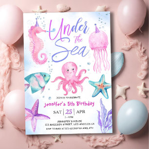 Under The Sea! 5th Birthday Girl Pink Ocean Invitation