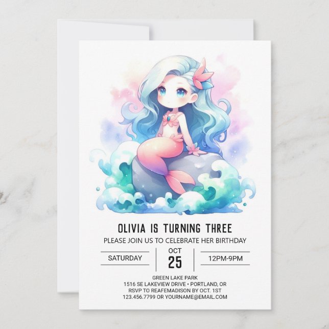 Under the Sea Adorable Mermaid Birthday Invitation (Front)
