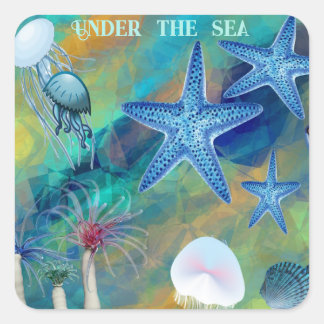 Under The Sea Anemones Starfish Jellyfish Blue Kid Square Sticker