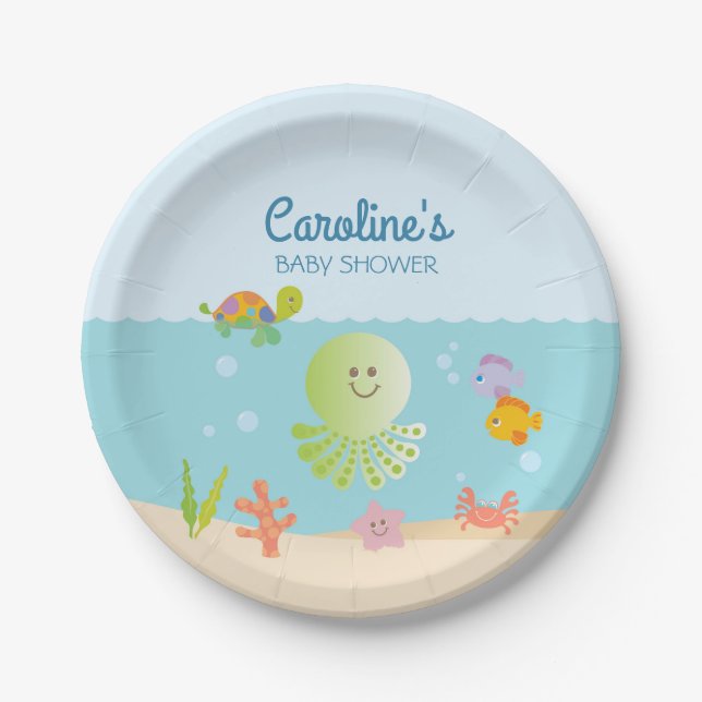 Under the Sea Baby Shower Blue and Green Paper Plate (Front)