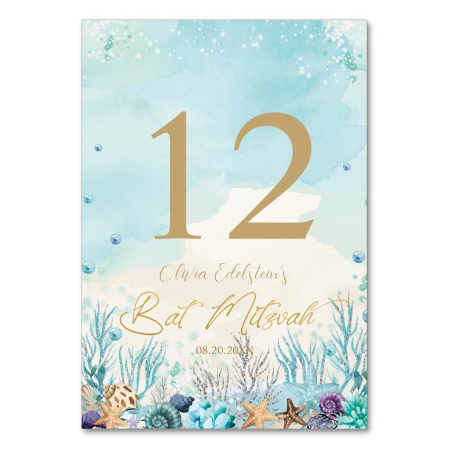 Under the Sea Beach Bat Mitzvah 12th 13th Birthday Table Number (Front)