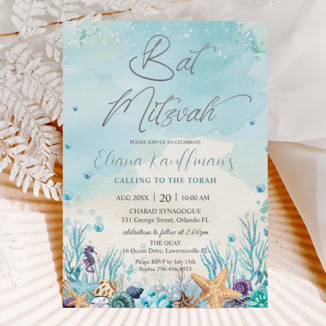 Under the Sea Beach Shells Corals Bat Mitzvah  Invitation (Creator Uploaded)