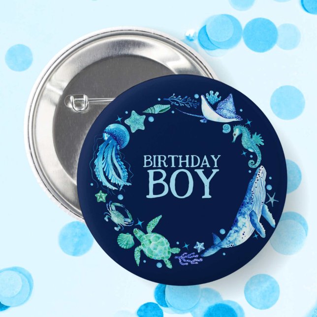 Under the Sea Birthday Boy Whale Navy 2 Inch Round Button (Under the Sea Birthday Boy Whale Navy Button)