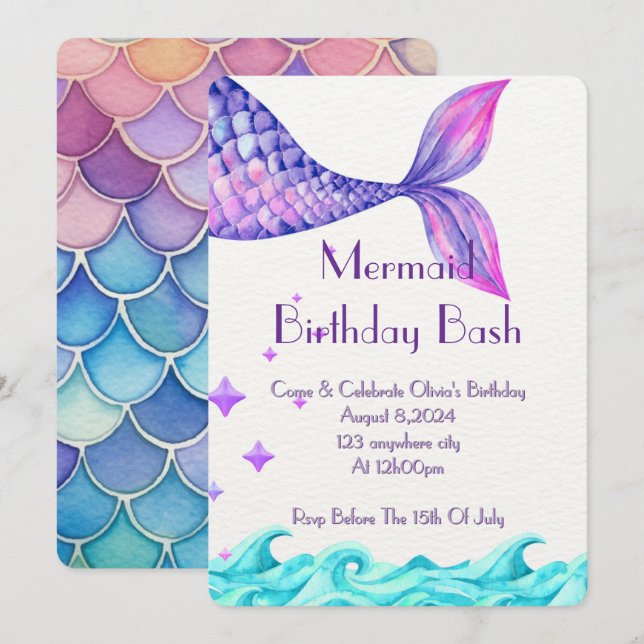 UNDER THE SEA BIRTHDAY INVITATION FOR GIRLS (Front/Back)
