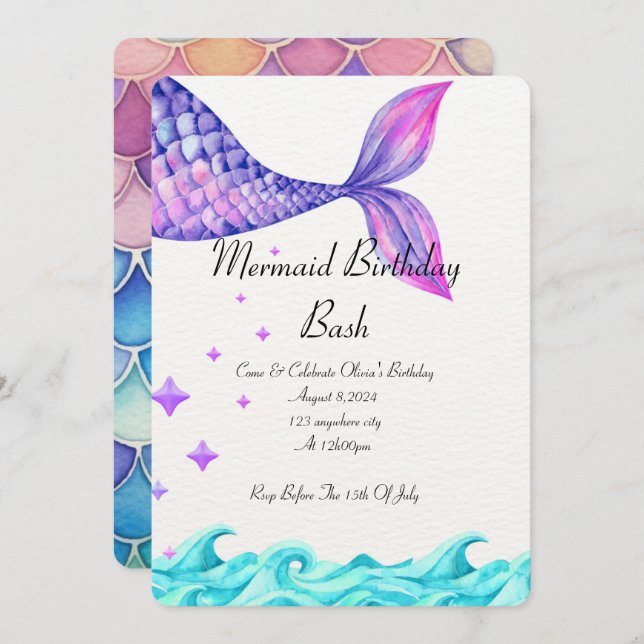 UNDER THE SEA BIRTHDAY INVITATION FOR GIRLS (Front/Back)