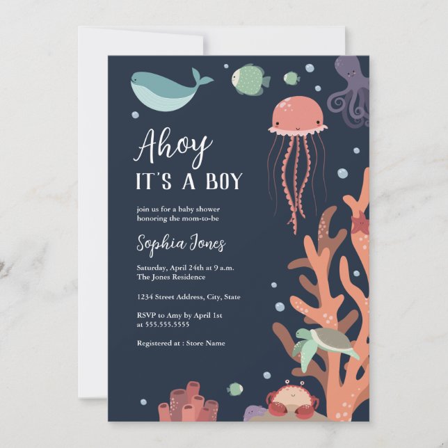 Under the Sea Blue Ahoy It's a Boy Baby Shower Invitation (Front)