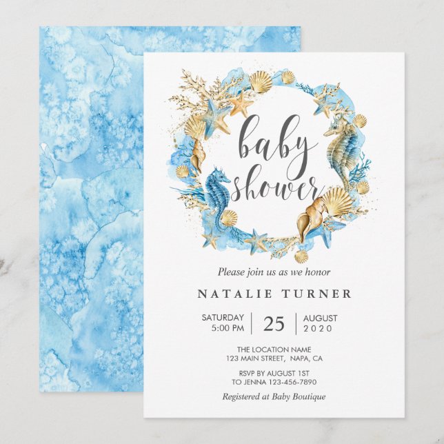 Under the Sea Blue and Gold Baby Shower Invitation (Front/Back)