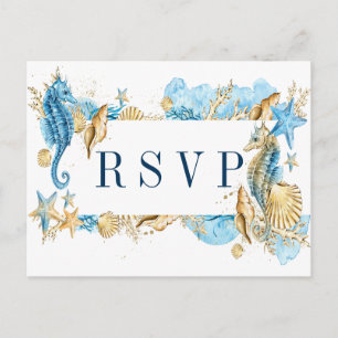 Under the Sea Blue and Gold Summer Wedding RSVP Invitation Postcard