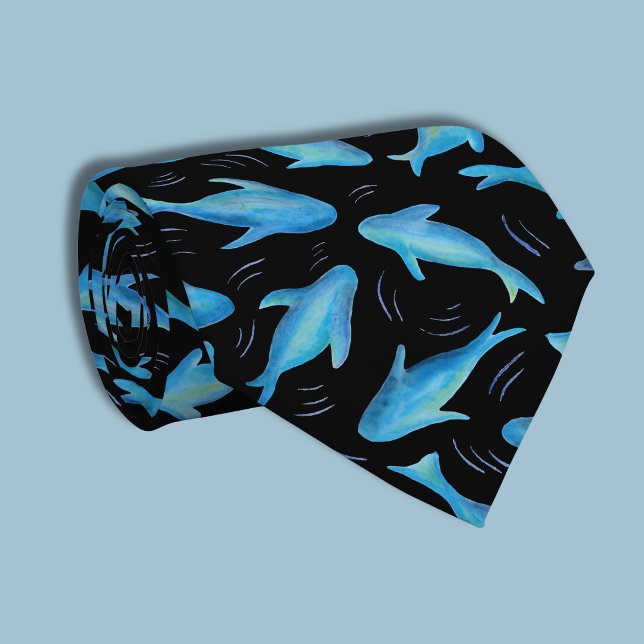 Under the Sea Blue Black Shark Fish Pattern Tie (Blue and black swimming shark fish tie)