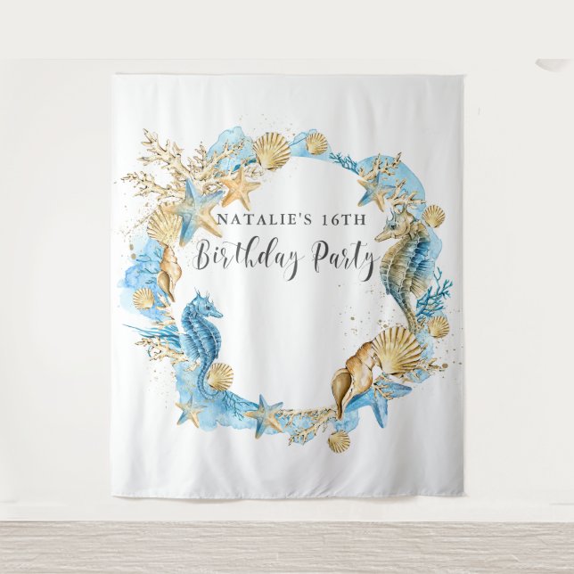 Under the Sea Blue Gold Birthday Party Backdrop Tapestry (Front)