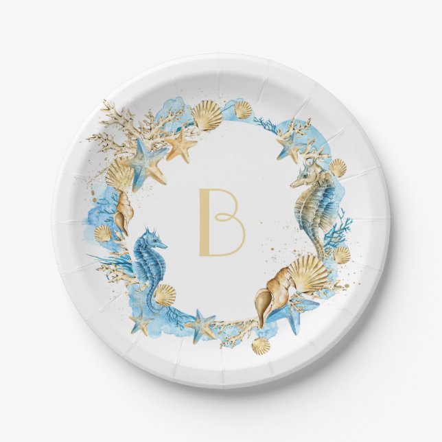 Under the Sea Blue Gold Monogram Paper Plate (Front)