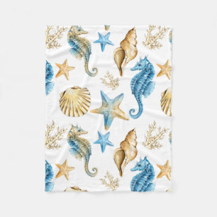 Under the Sea Blue & Gold Seahorse Fleece Blanket