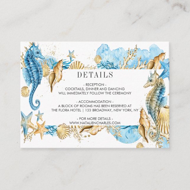 Under the Sea Blue Gold Summer Wedding Details Enclosure Card (Front)