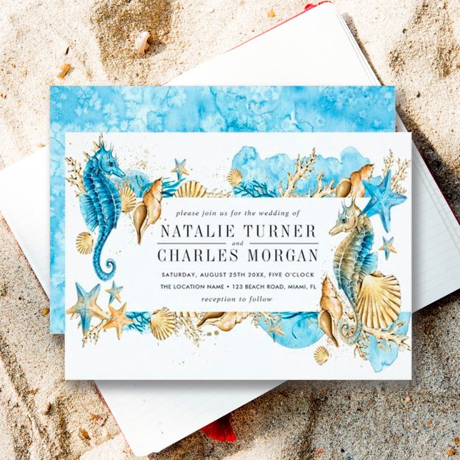 Under the Sea Blue Gold Summer Wedding Invitation (Front & Back)