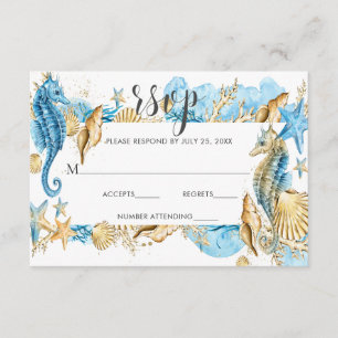 Under the Sea Blue Gold White Summer Wedding RSVP Card