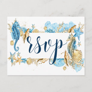 Under the Sea Blue Gold White Summer Wedding RSVP Invitation Postcard