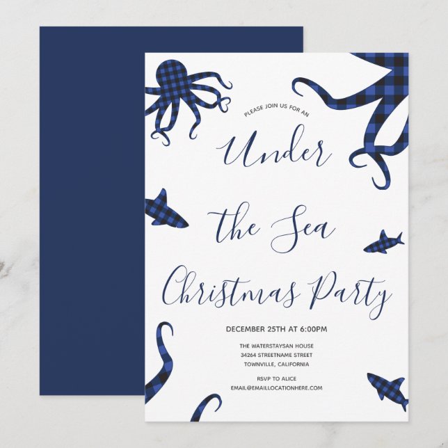 Under the Sea Blue Plaid Animals Christmas Party Invitation (Front/Back)