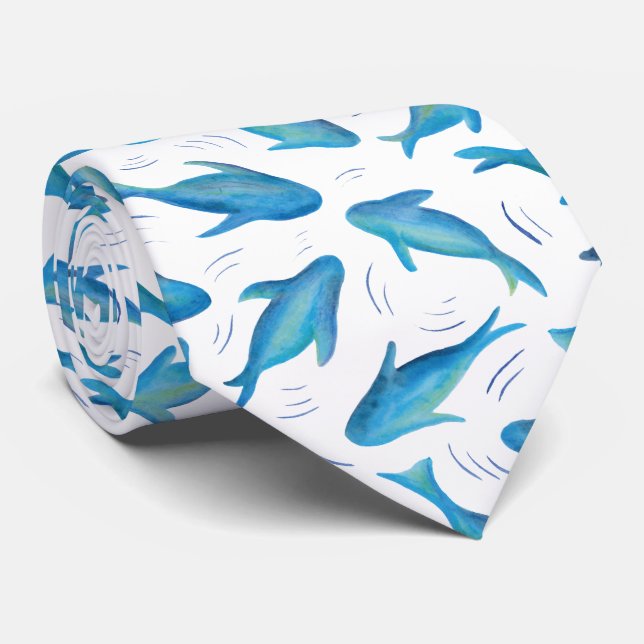 Under the Sea Blue Shark Fish Pattern Tie (Rolled)