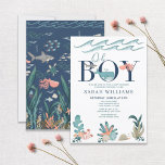 Under the Sea Blue Watercolor Oh Boy Baby Shower Invitation<br><div class="desc">Create the perfect boy baby announcement   baby shower invitation with this modern under the sea theme design,  featuring a hand painted whale,  coral,  and ocean animals decorating the word 'boy'. The back of the card features an under the sea ocean theme illustration. Copyright Elegant Invites,  all rights reserved.</div>