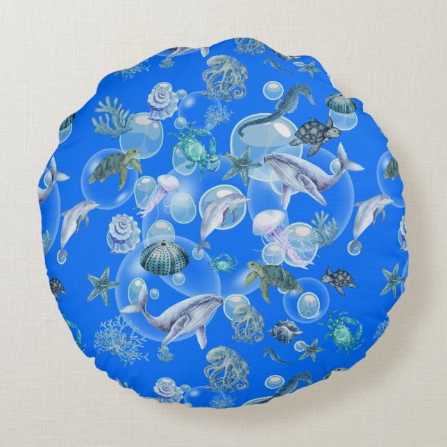 Under the Sea Blue Watercolor on blue | Round Pillow (Back)