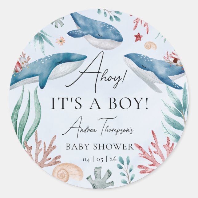 Under the Sea Blue Whale Boy Baby Shower Classic Round Sticker (Front)