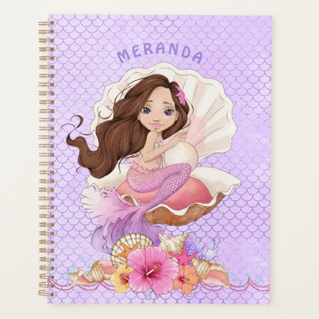 Under the Sea Brunette Mermaid and Sea Shell Planner (Front)