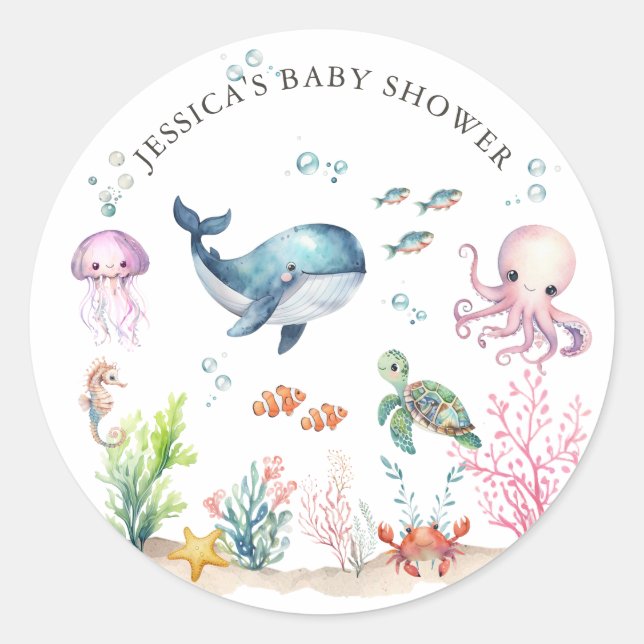 Under The Sea Colourful Ocean Animals Baby Shower Classic Round Sticker (Front)
