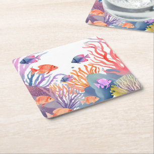 Under the Sea Coral Reef Watercolor Square Paper Coaster