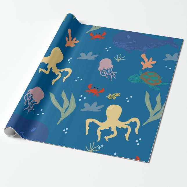 Under The Sea Creatures Blue Wrapping Paper (Unrolled)