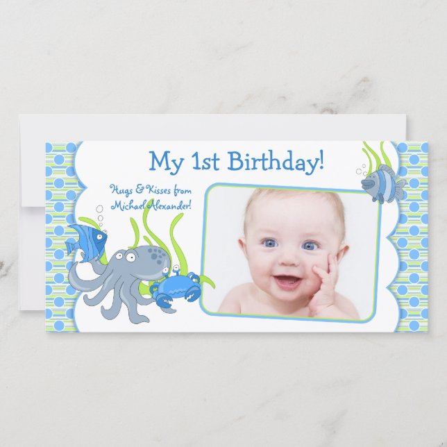 Under the Sea Critters Boy 1st Birthday Photocard Announcement (Front)