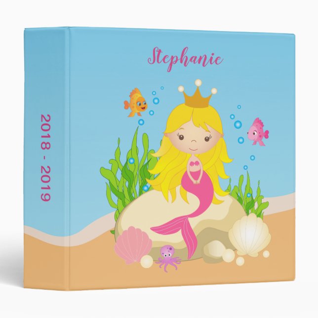 Under the Sea Cute Blonde Mermaid Custom Name Binder (Front/Spine)