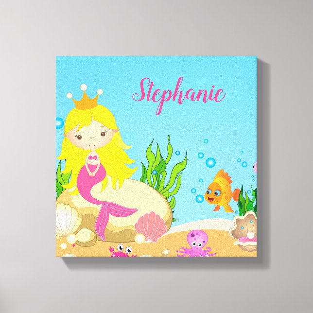 Under the Sea Cute Blonde Mermaid Custom Name Canvas Print (Front)