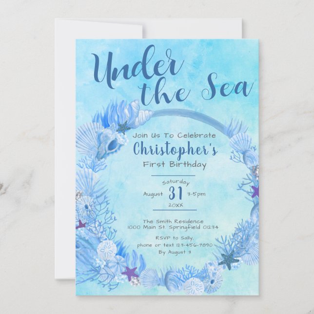 Under the Sea Cute Blue Boy's 1st Birthday Party Invitation (Front)