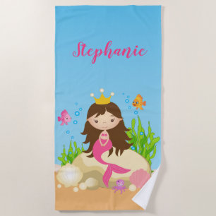 Under the Sea Cute Brunette Mermaid Custom Name Beach Towel
