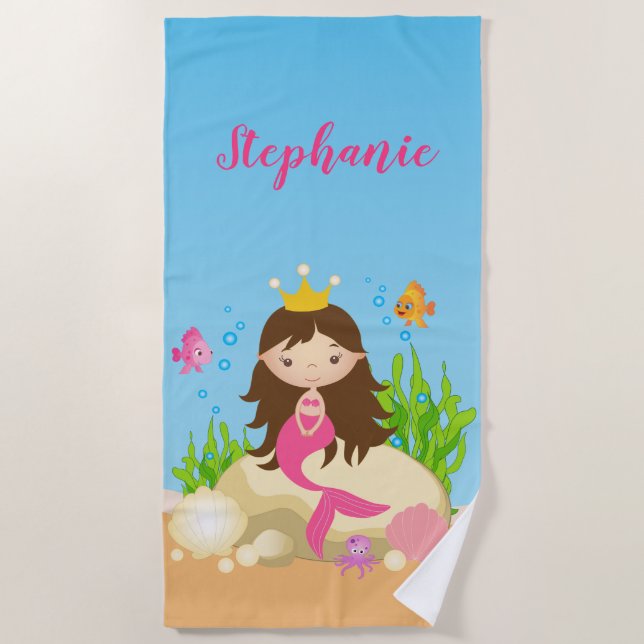 Under the Sea Cute Brunette Mermaid Custom Name Beach Towel (Front)