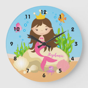 Under the Sea Cute Brunette Mermaid Custom Name Large Clock